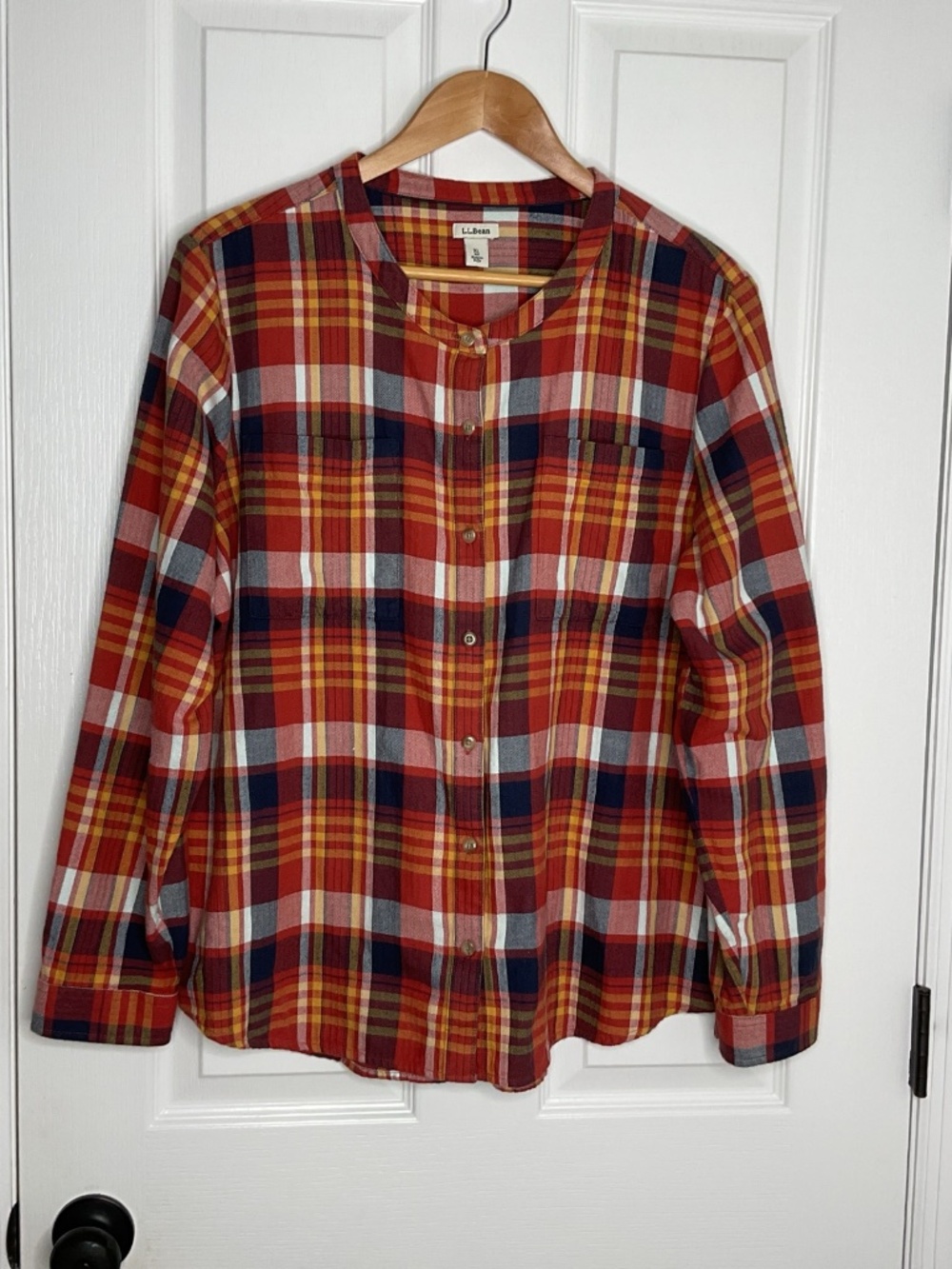 LL Bean Signature Button Up Flannel Tunic XL Plaid Collarless Organic Cotton